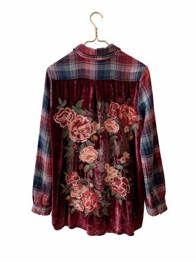✨ Johnny Was Oversized Plaid Velvet Embroidered Shirt ✨